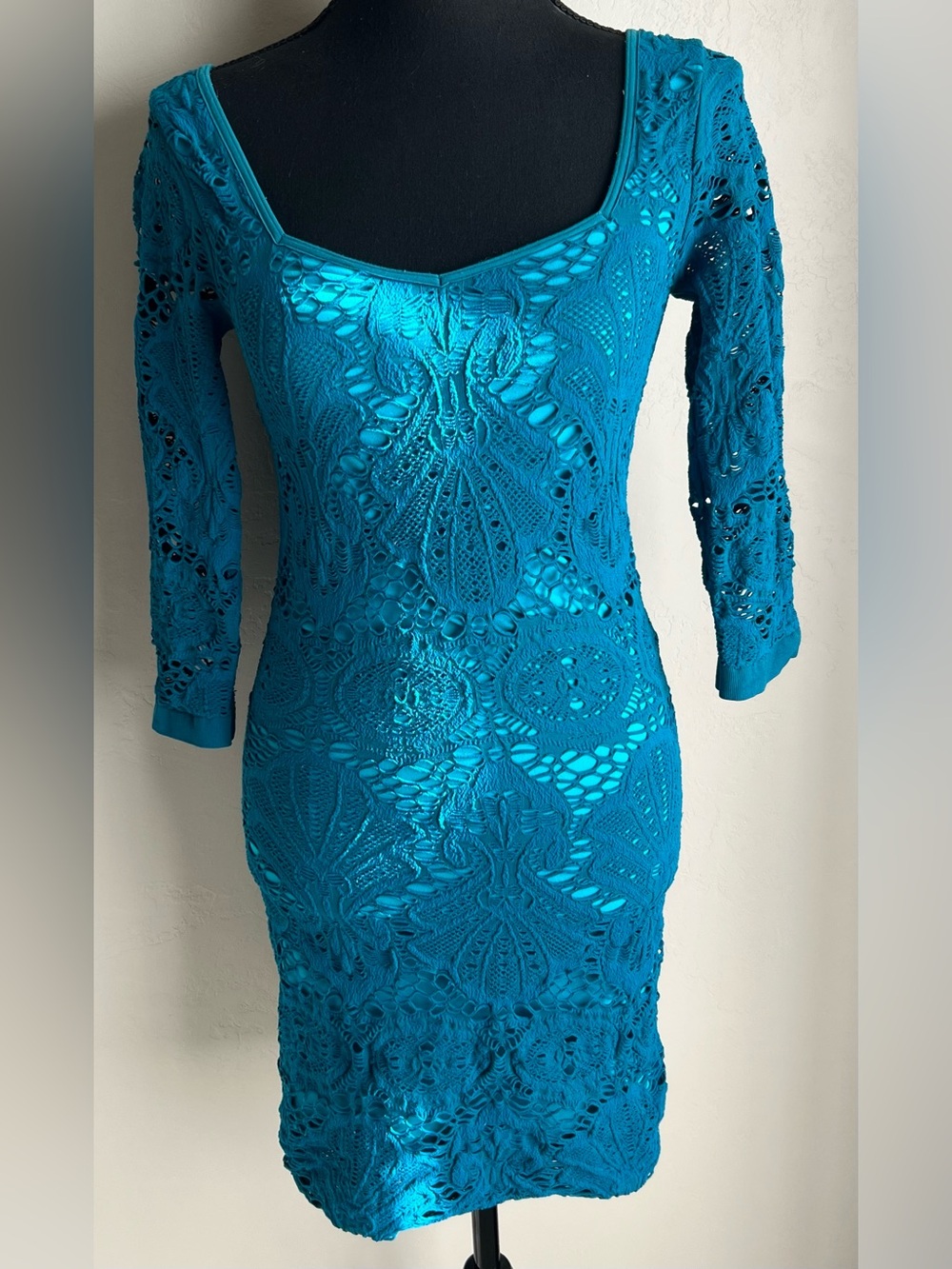 Free People Teal Crochet Long Sleeve Bodycon Dress